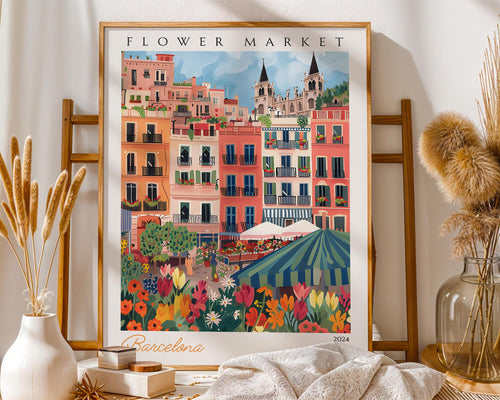 Barcelona Flower Market Print | Vintage Spanish Travel Poster wall art print, modern home decor, unframed artwork by Nomad & Nest