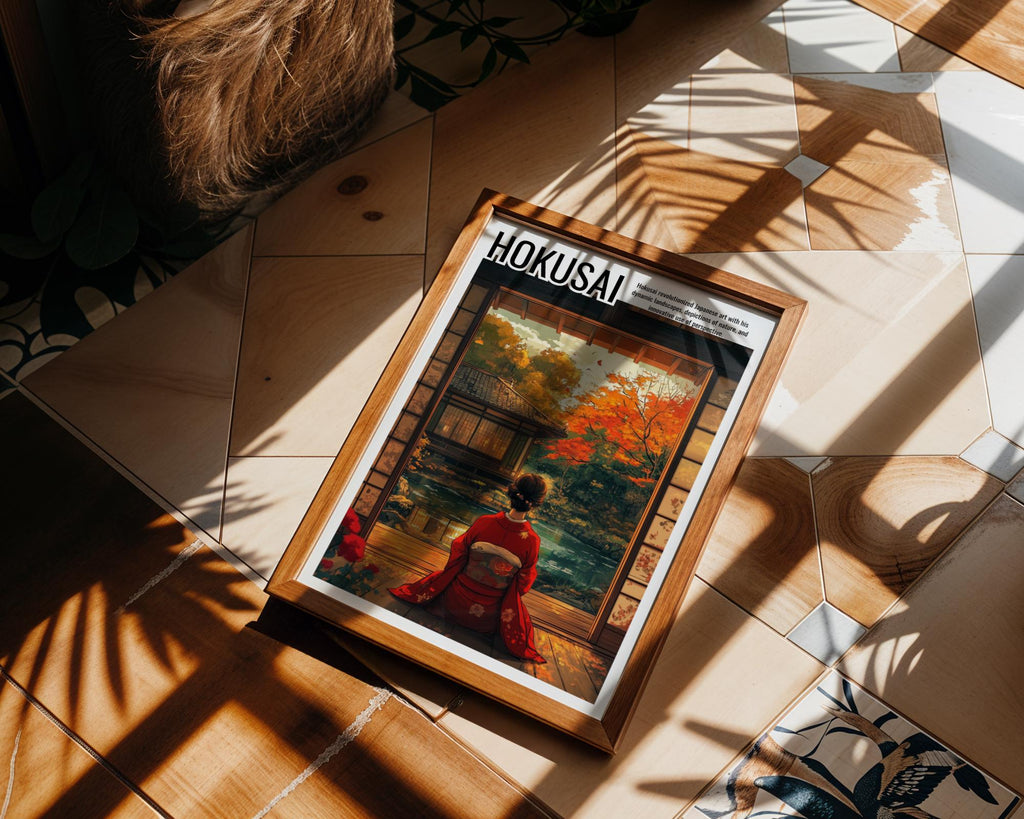 Japanese Poster | Geisha Kimono Art Print –  Autumn Landscape, Tea House View wall art print, modern home decor, unframed artwork by Nomad & Nest