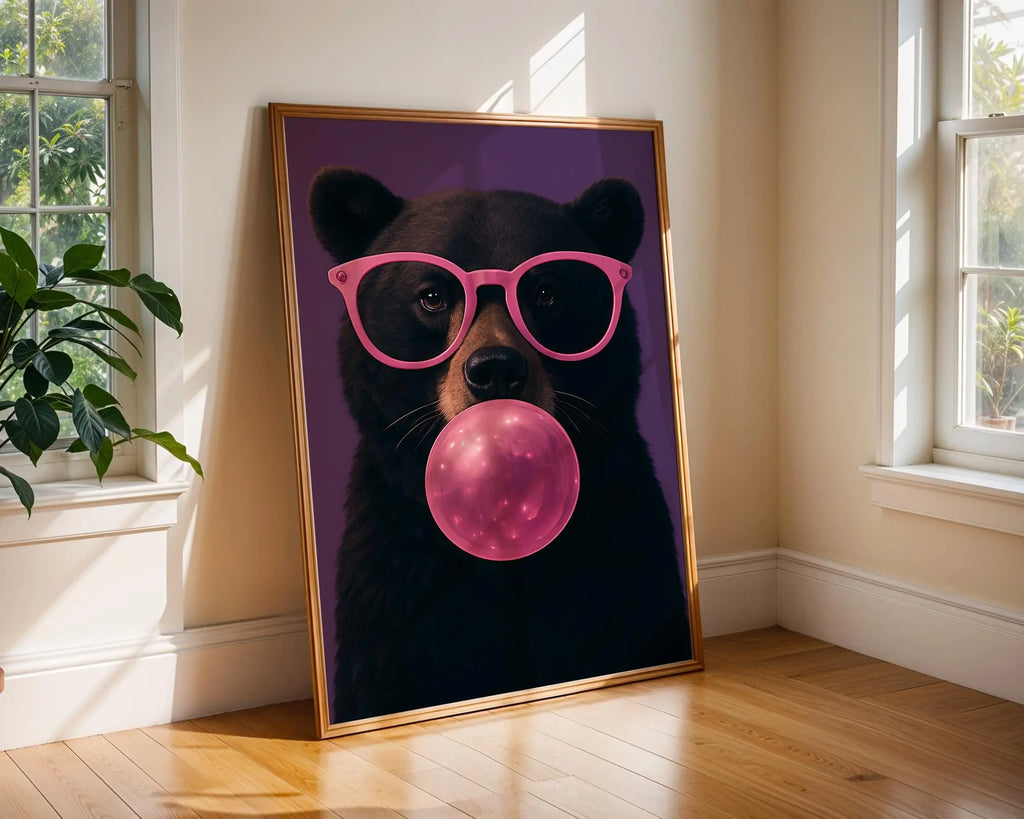 Colourful Prints | Bear Bubblegum Art Print | Funky Pink Glasses Animal Poster wall art print, modern home decor, unframed artwork by Nomad & Nest