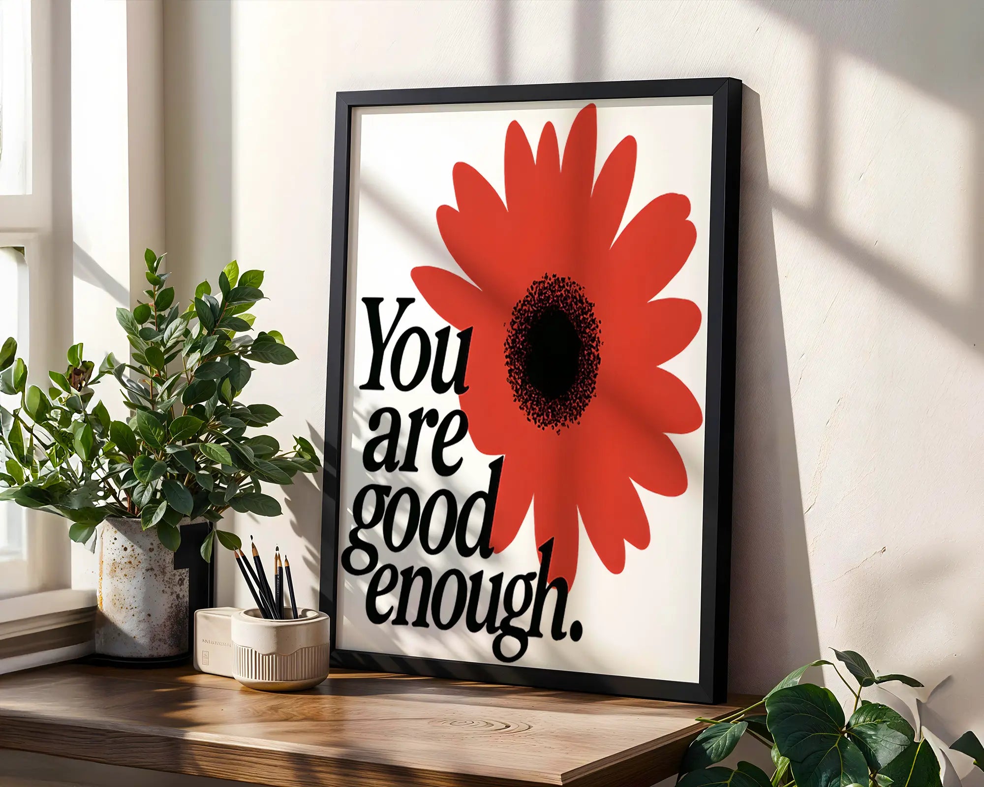 Positive Emotion | You Are Good Enough Flower Print Ã¢â‚¬â€œ Bold Red Floral Wall Art, Self Love Motivational Poster wall art print, modern home decor, unframed artwork by Nomad & Nest