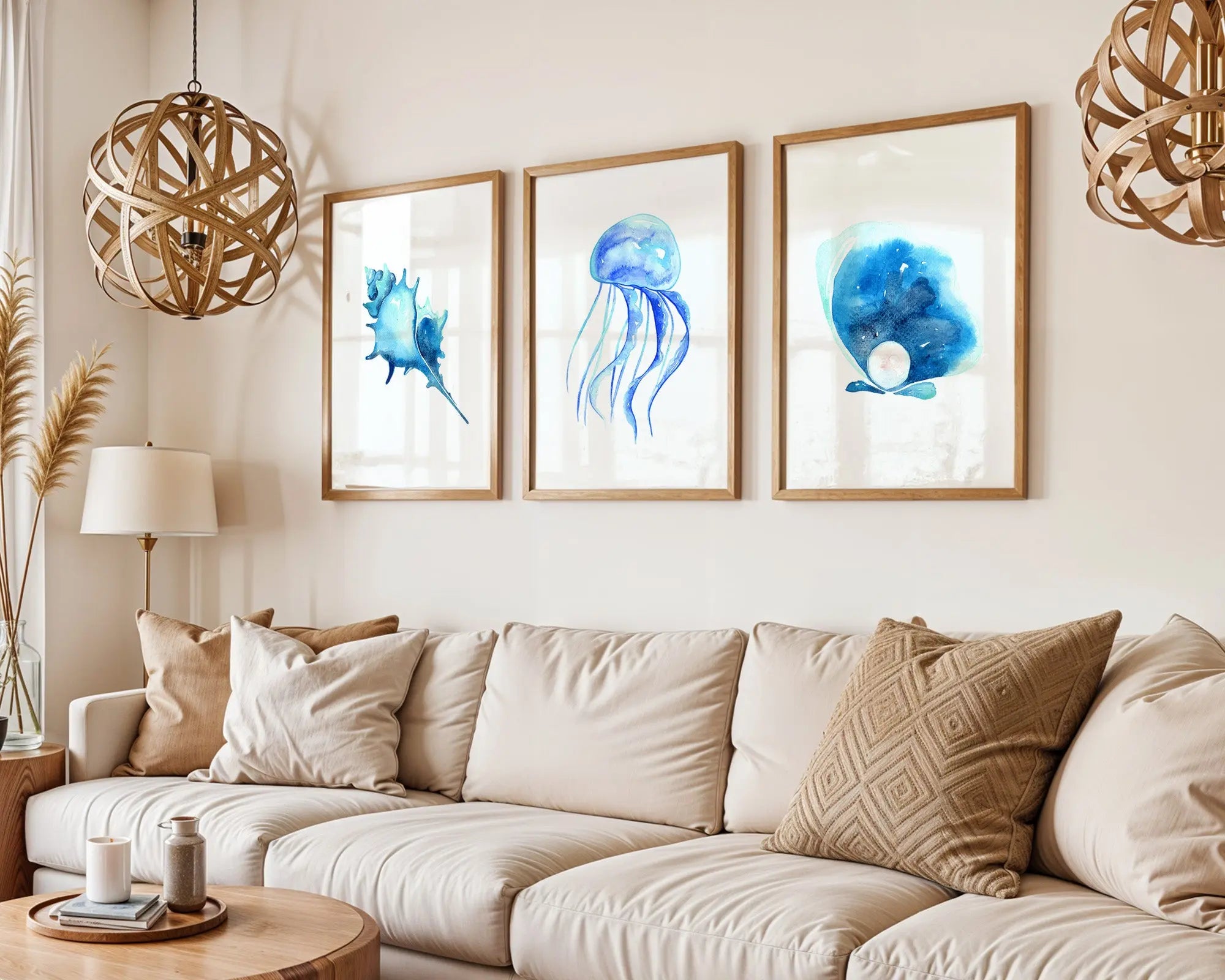 Colourful Prints | Ocean Wall Art Prints | Watercolour Seashell, Jellyfish, Pearl Set (Set of 3) wall art print, modern home decor, unframed artwork by Nomad & Nest