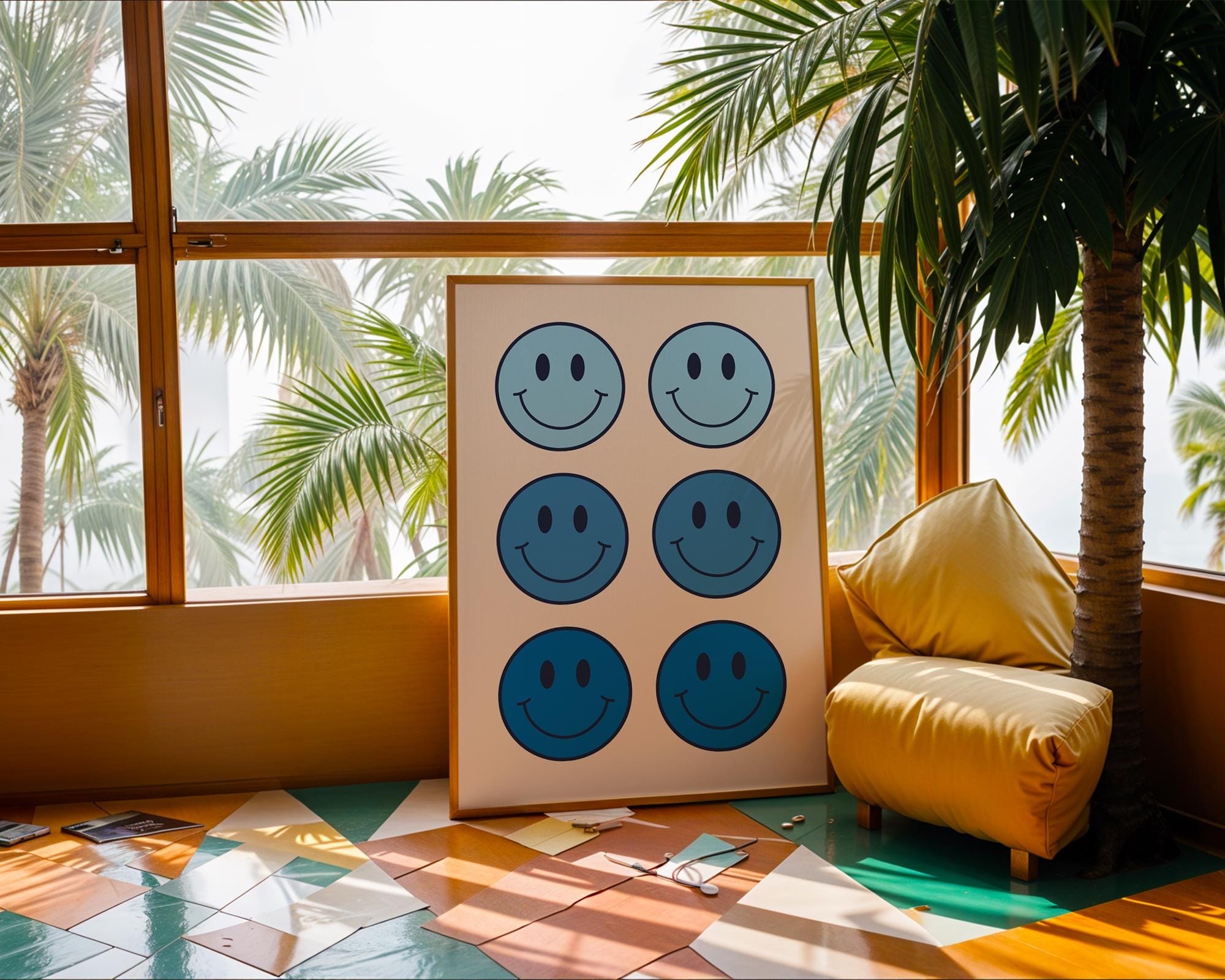 Blue Smiley Face Print | Retro Pop Art Decor wall art print, modern home decor, unframed artwork by Nomad & Nest