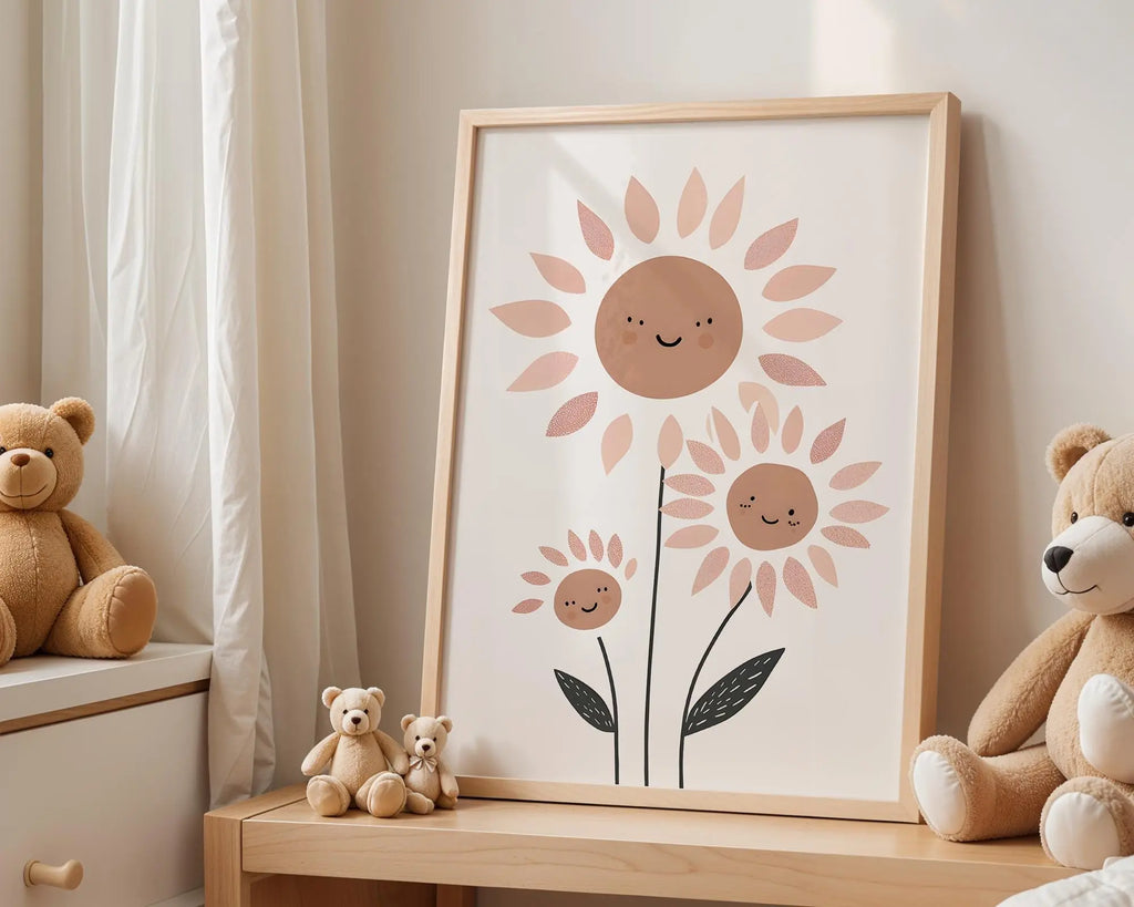 Playroom Ideas | Smiling Sunflower Nursery Wall Art | Boho Floral Print wall art print, modern home decor, unframed artwork by Nomad & Nest