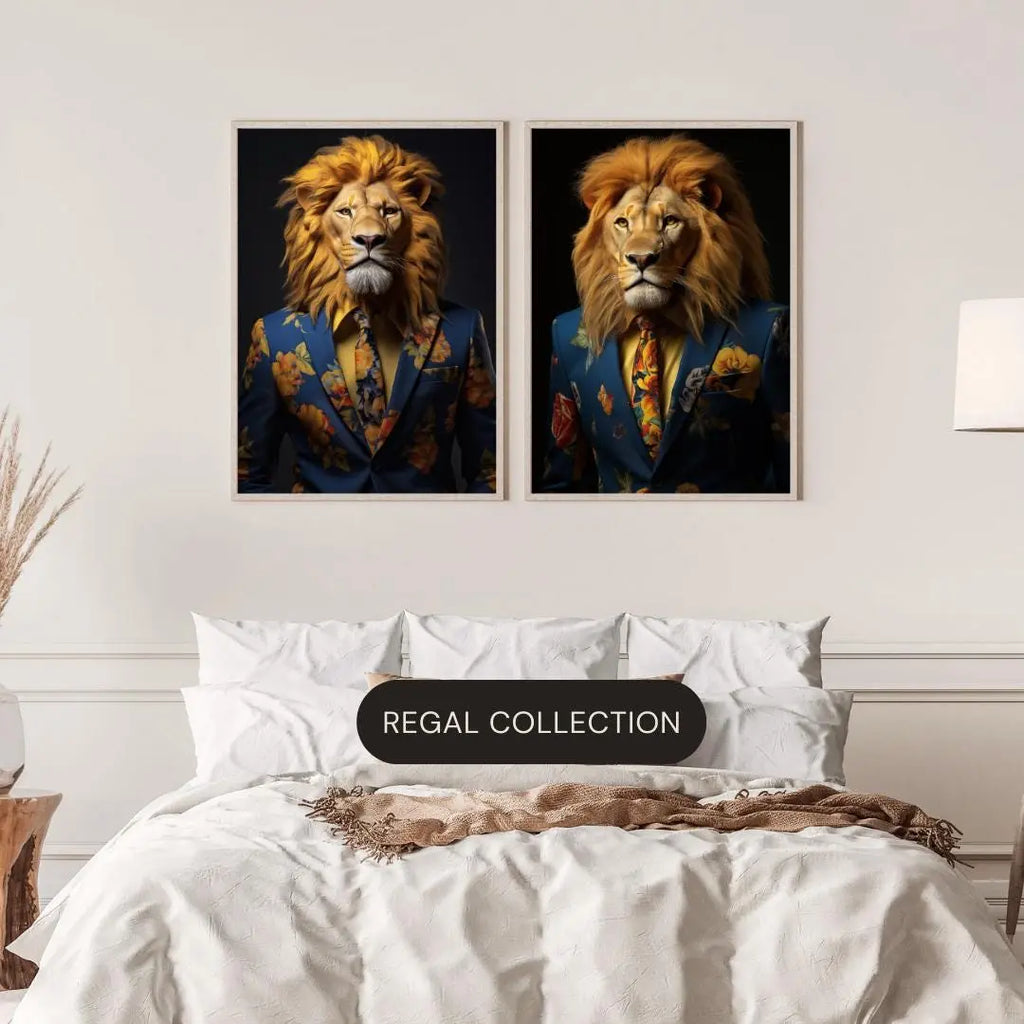 Floral Suit Lion Art Print | Quirky Animal Portrait wall art print, modern home decor, unframed artwork by Nomad & Nest