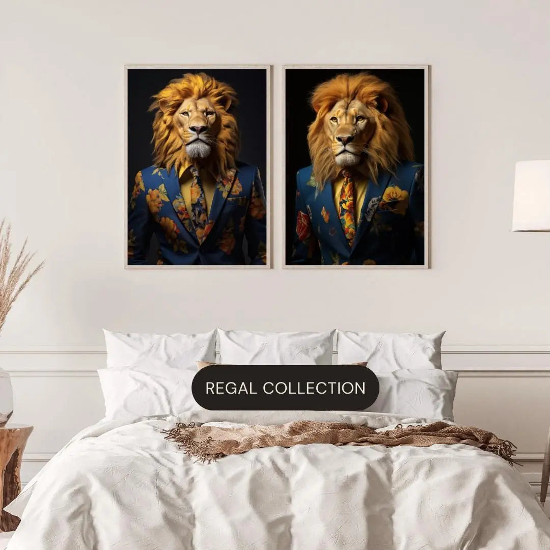 Floral Suit Lion Art Print | Quirky Animal Portrait wall art print, modern home decor, unframed artwork by Nomad & Nest