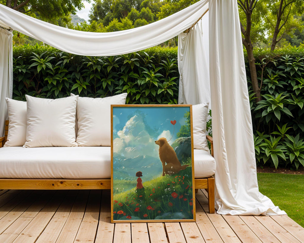 Girl and Dog Meadow Art Print | Whimsical Animal Illustration wall art print, modern home decor, unframed artwork by Nomad & Nest