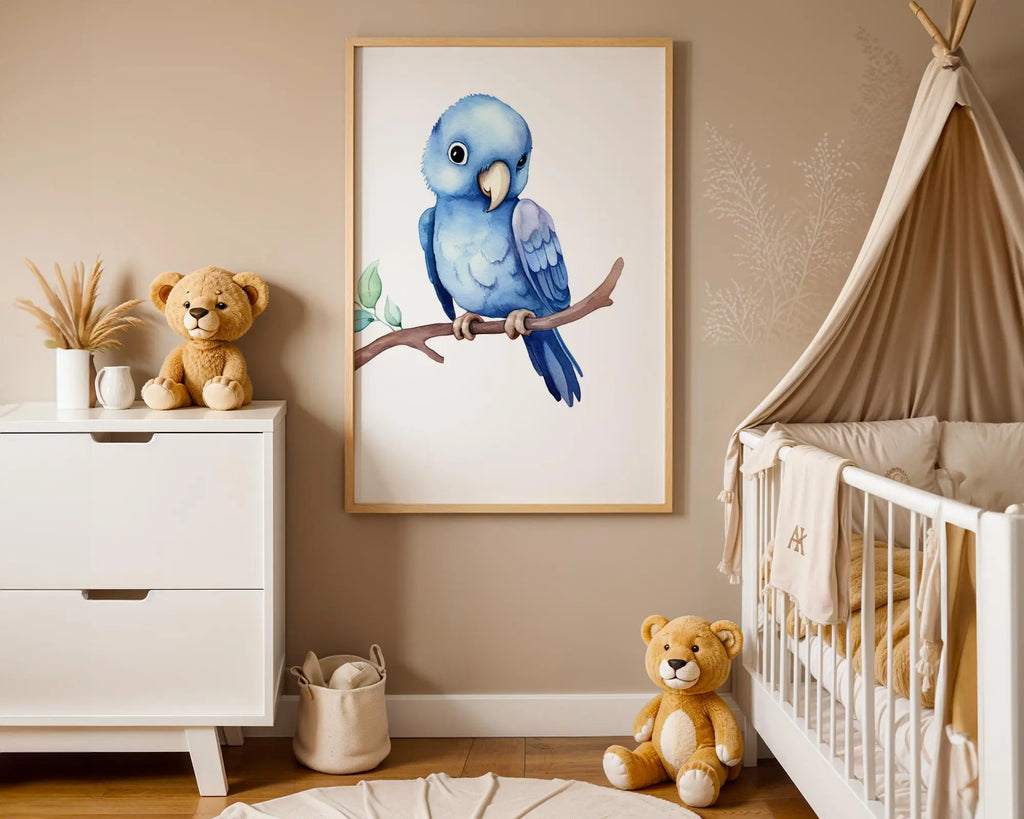 Playroom Ideas | Blue Parrot Nursery Wall Art | Tropical Bird Baby Print wall art print, modern home decor, unframed artwork by Nomad & Nest
