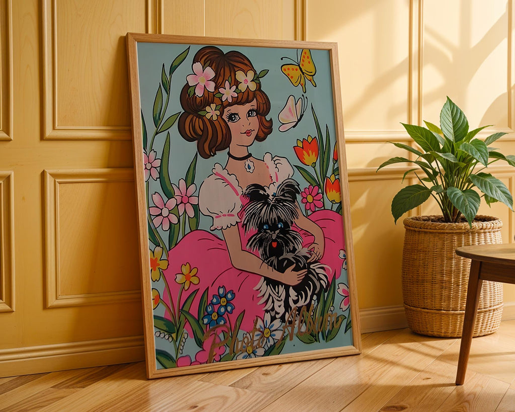 Girl and Dog Art Print | 70s Floral Illustration, Kawaii Home Decor wall art print, modern home decor, unframed artwork by Nomad & Nest