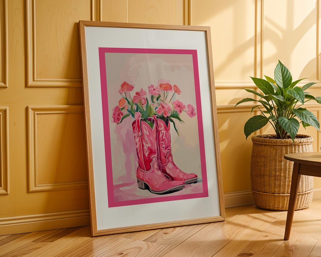 Pink Cowboy Boots Floral Print | Retro Western Wall Art wall art print, modern home decor, unframed artwork by Nomad & Nest