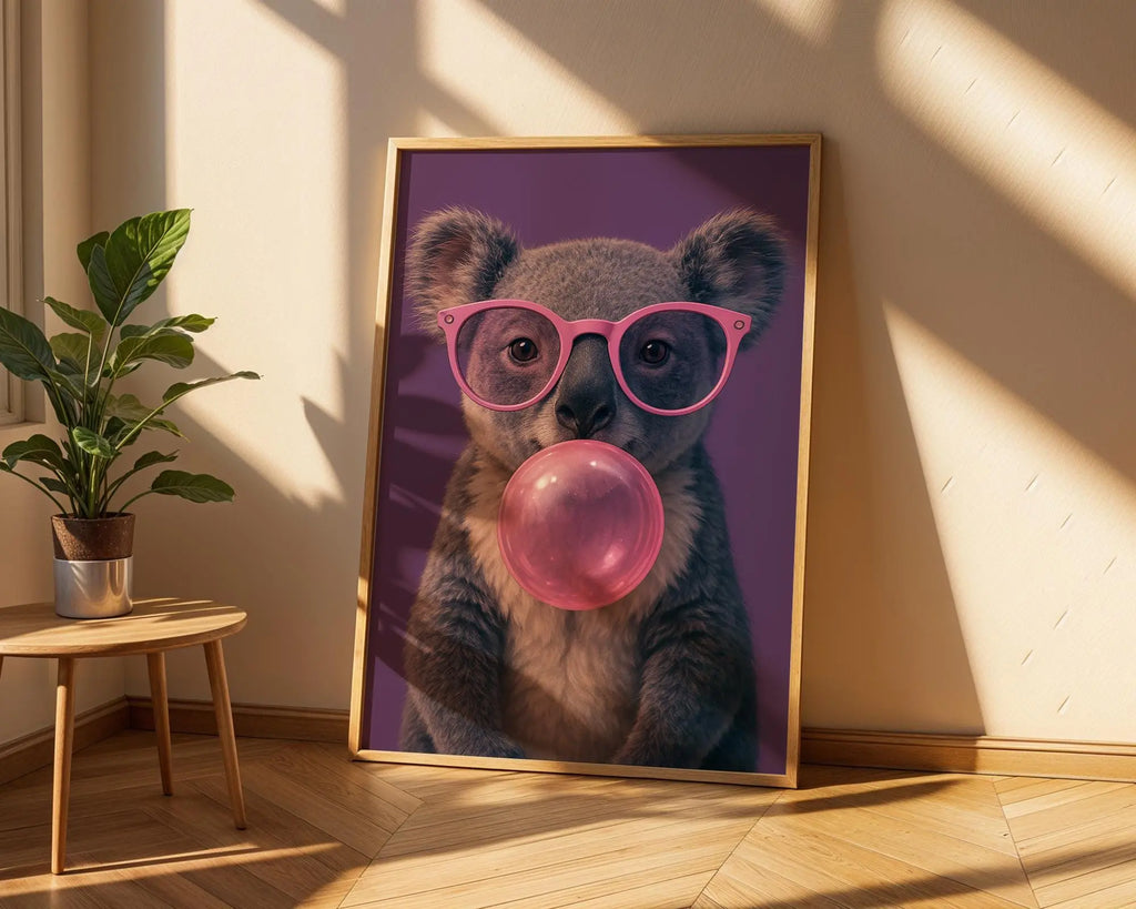 Colourful Prints | Koala Bubblegum Print | Funky Animal Art with Pink Glasses wall art print, modern home decor, unframed artwork by Nomad & Nest