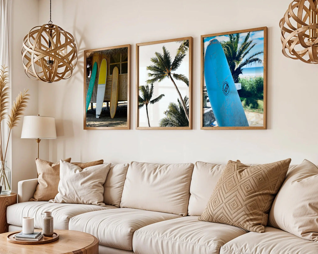 Colourful Prints | Tropical Surfboard & Palm Tree Print Set, Coastal Photography Wall Art (Set of 3) wall art print, modern home decor, unframed artwork by Nomad & Nest