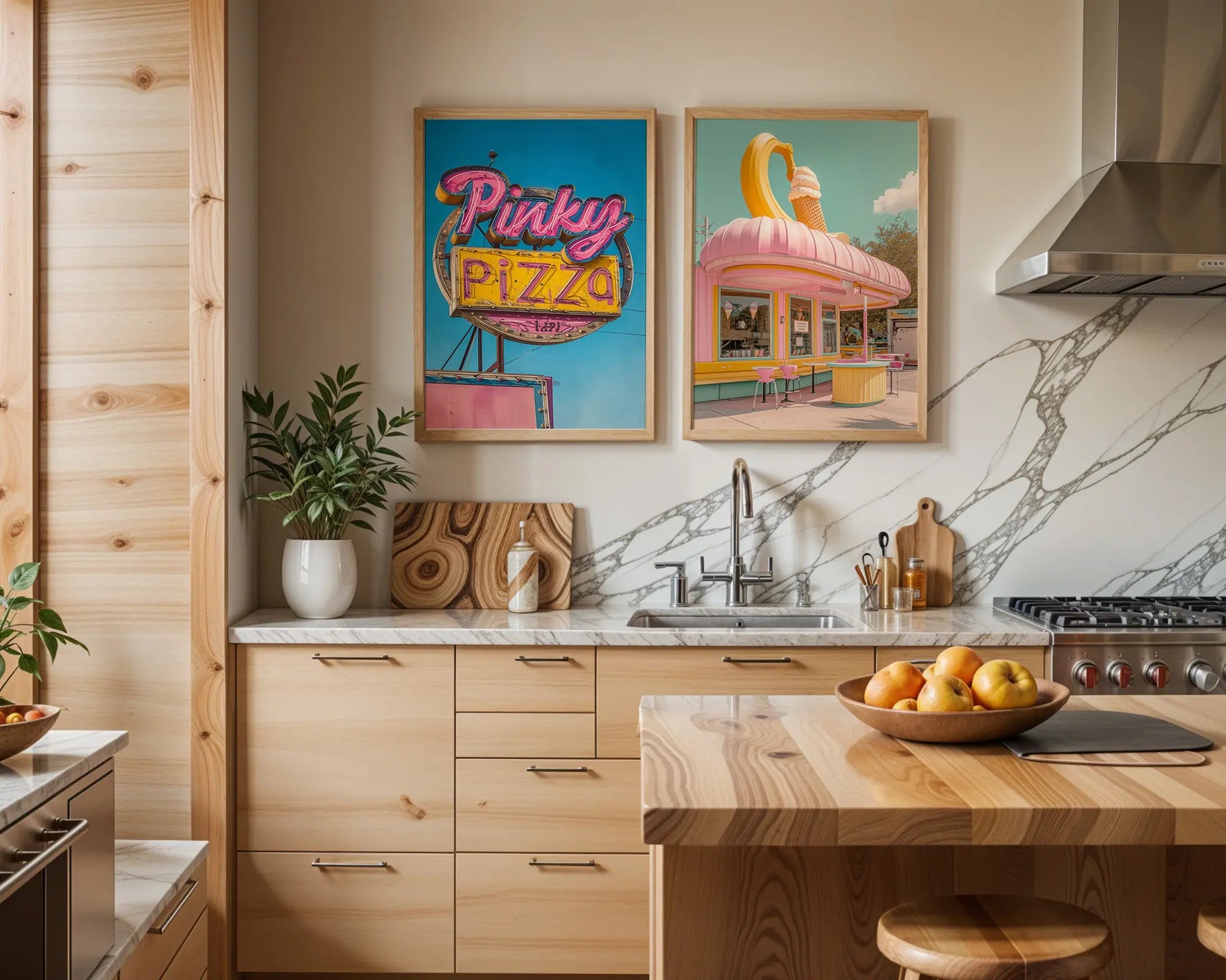 Colourful Prints | Retro Diner Prints Set | Pink Pizza, Ice Cream Parlour Wall Art (Set of 2) wall art print, modern home decor, unframed artwork by Nomad & Nest