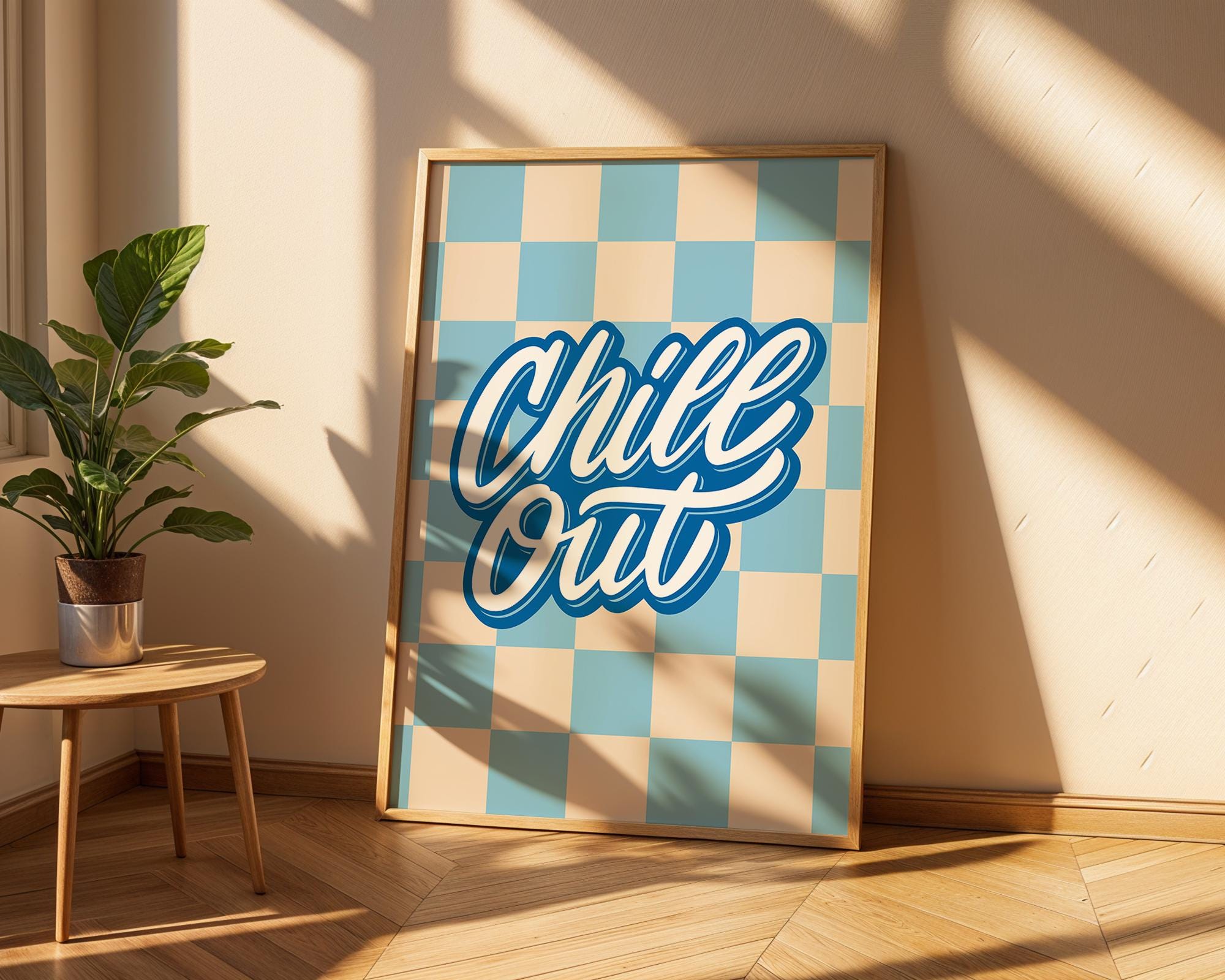 Chill Out Checkered Print | Groovy Blue Beige Retro Wall Art wall art print, modern home decor, unframed artwork by Nomad & Nest