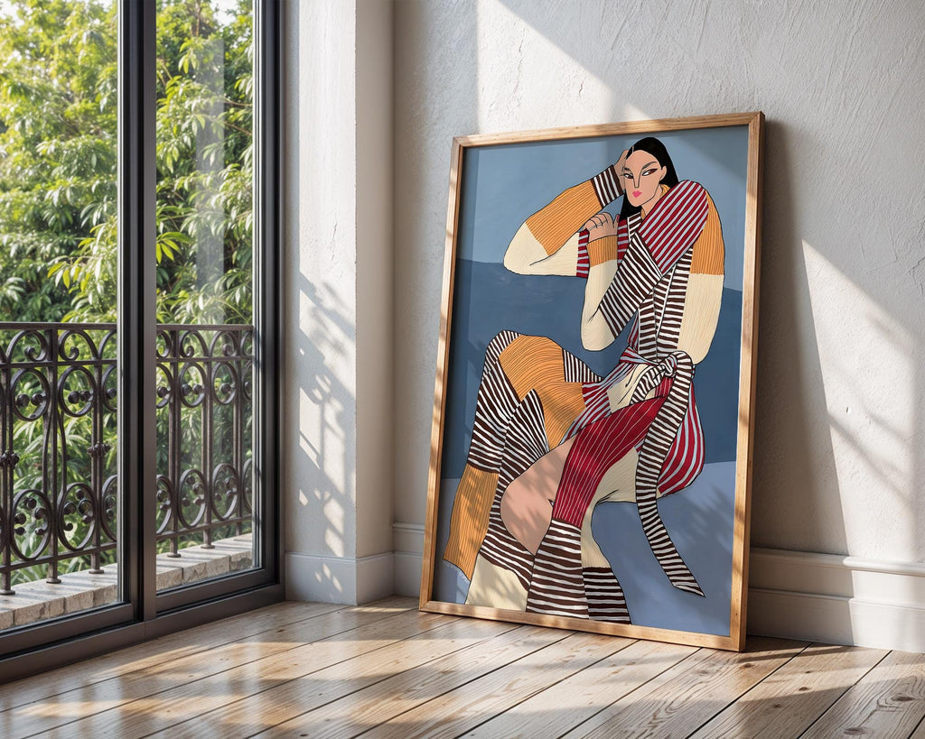 Modern Woman Fashion Illustration Art Print | Striped Outfit Portrait wall art print, modern home decor, unframed artwork by Nomad & Nest