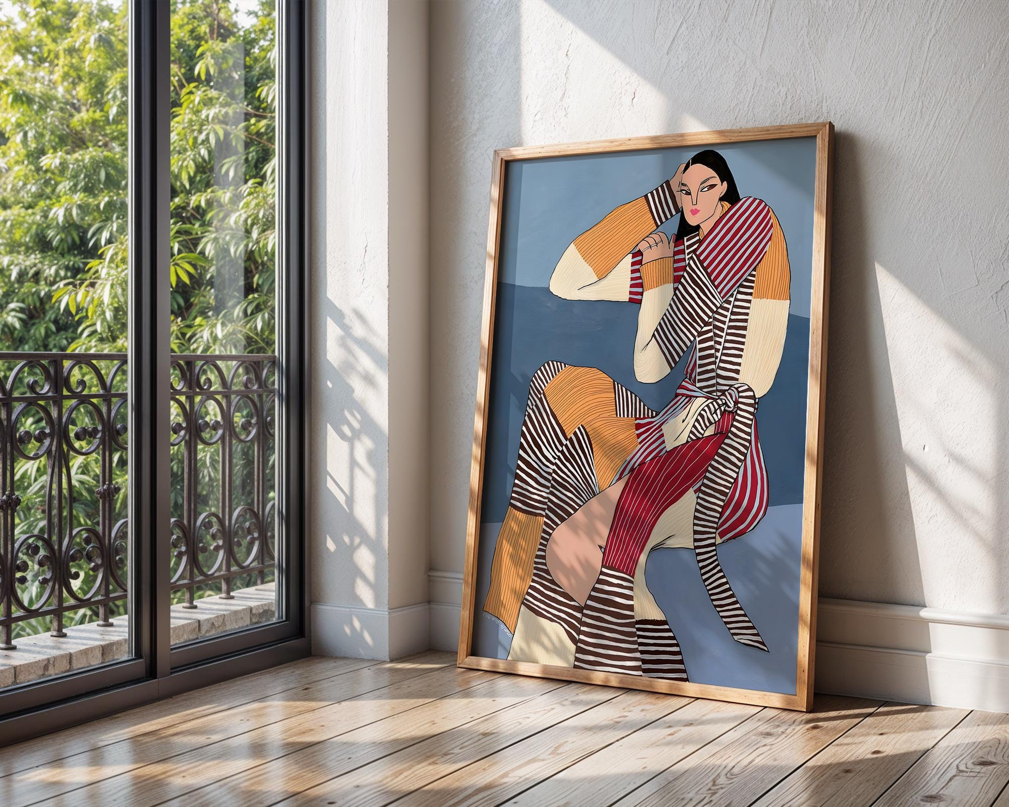 Modern Woman Fashion Illustration Art Print | Striped Outfit Portrait wall art print, modern home decor, unframed artwork by Nomad & Nest