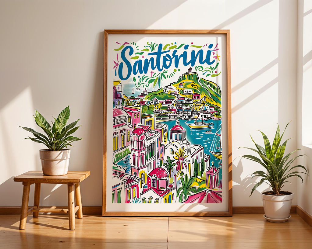 Santorini Greece Art Print | Hand-Drawn Cityscape Travel Poster wall art print, modern home decor, unframed artwork by Nomad & Nest