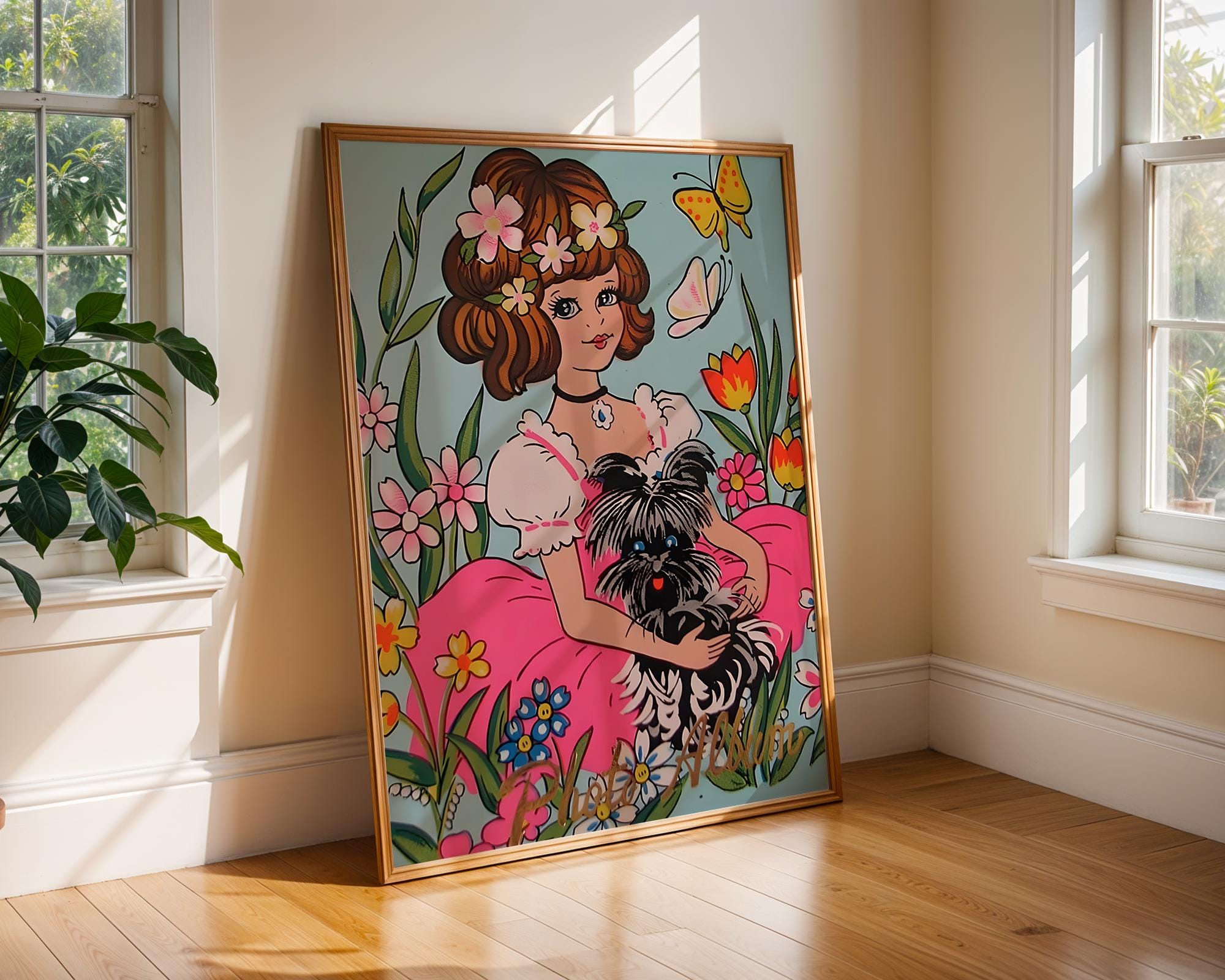 Girl and Dog Art Print | 70s Floral Illustration, Kawaii Home Decor wall art print, modern home decor, unframed artwork by Nomad & Nest