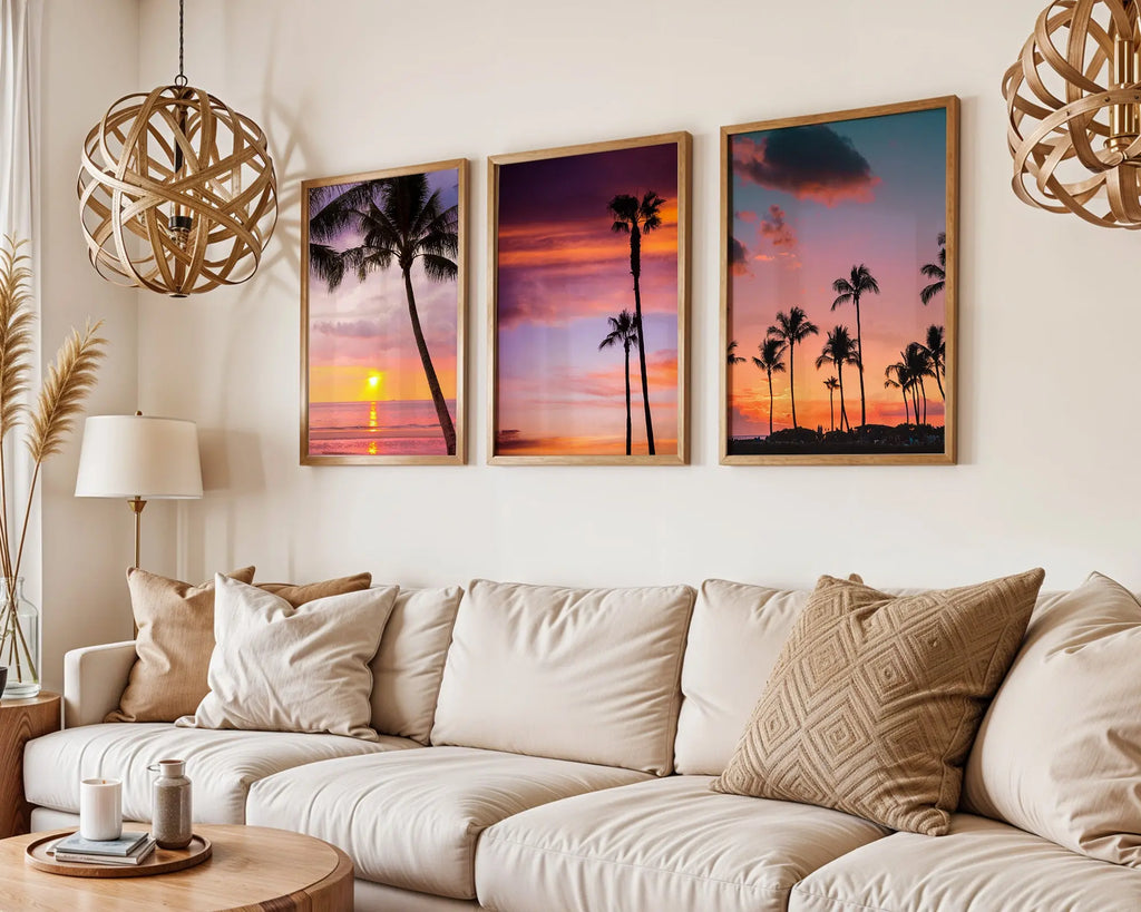 Colourful Prints | Tropical Sunset Palm Tree Print Set | Vibrant Coastal Wall Art Trio (Set of 3) wall art print, modern home decor, unframed artwork by Nomad & Nest