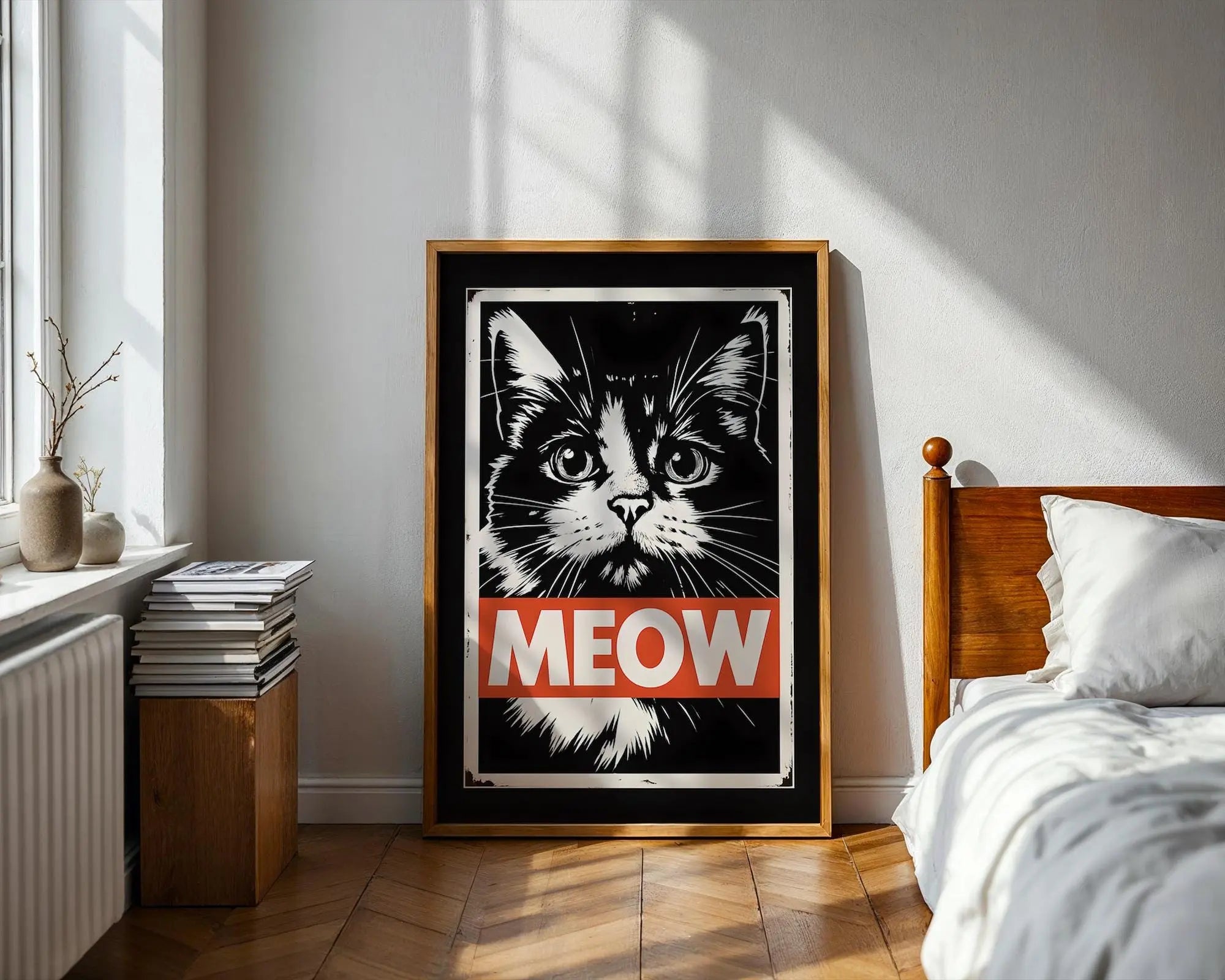 Meow Cat Art Print | Vintage Feline Poster, Black and White wall art print, modern home decor, unframed artwork by Nomad & Nest
