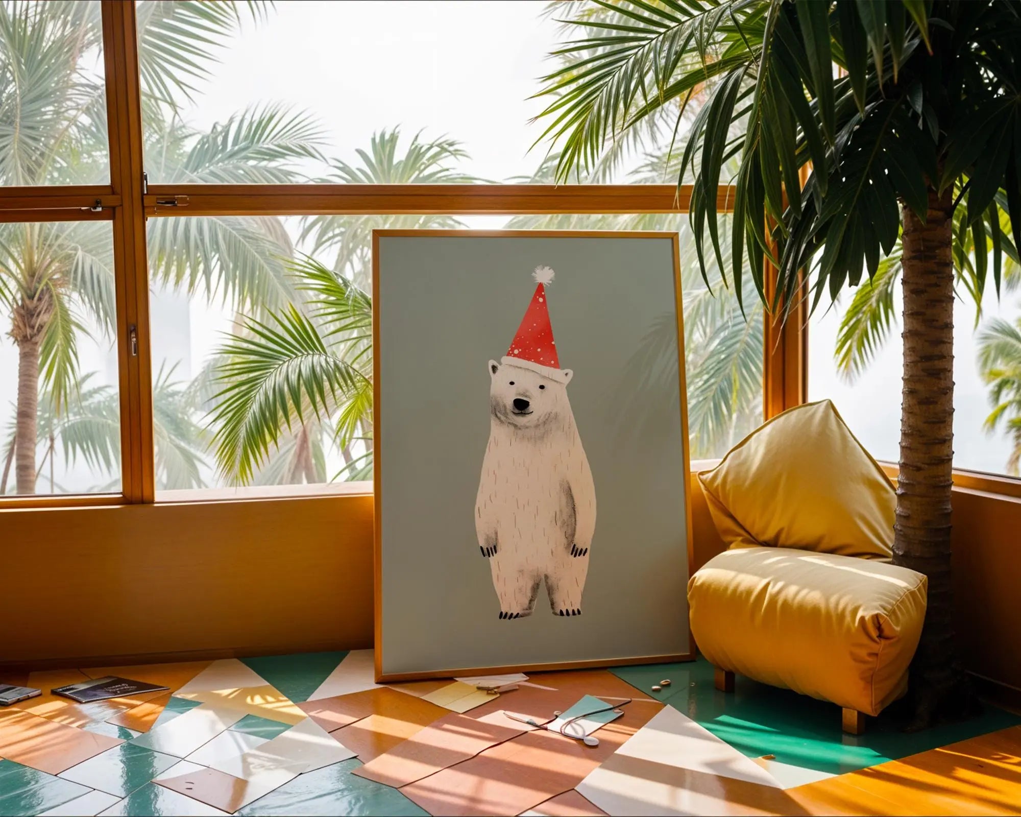 Polar Bear Christmas Print | Santa Hat, Winter Holiday Art wall art print, modern home decor, unframed artwork by Nomad & Nest