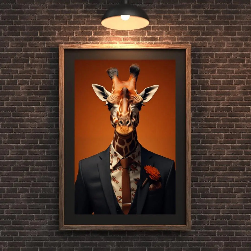 Giraffe in Suit Wall Art – Floral Shirt & Orange Tie, Modern Anthropomorphic Animal Print wall art print, modern home decor, unframed artwork by Nomad & Nest