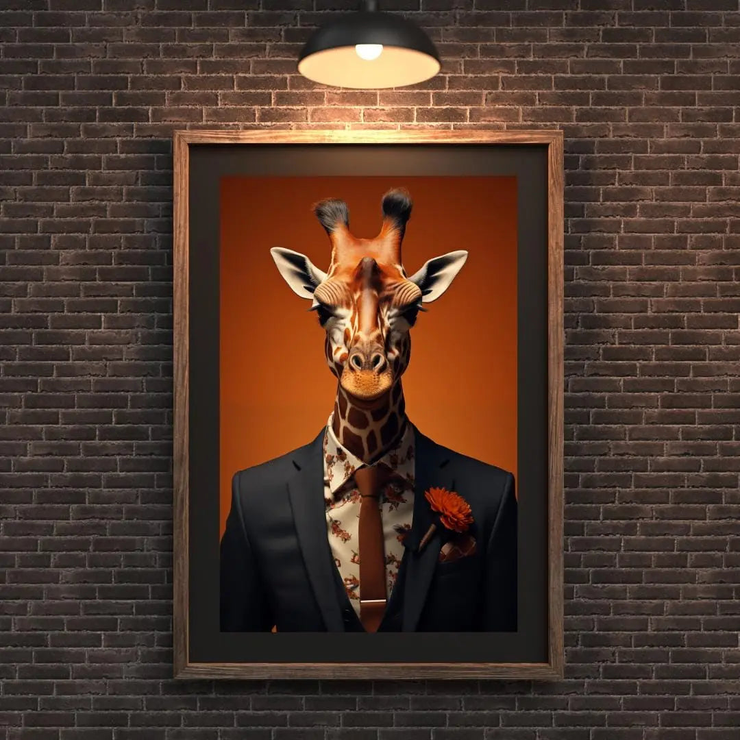 Giraffe in Suit Wall Art – Floral Shirt & Orange Tie, Modern Anthropomorphic Animal Print wall art print, modern home decor, unframed artwork by Nomad & Nest
