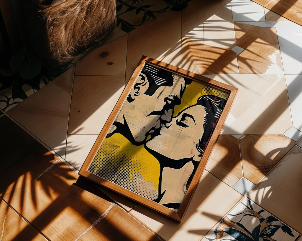 Modern Pop Art | Retro  Kiss Print | Yellow and Black Comic Book Style wall art print, modern home decor, unframed artwork by Nomad & Nest