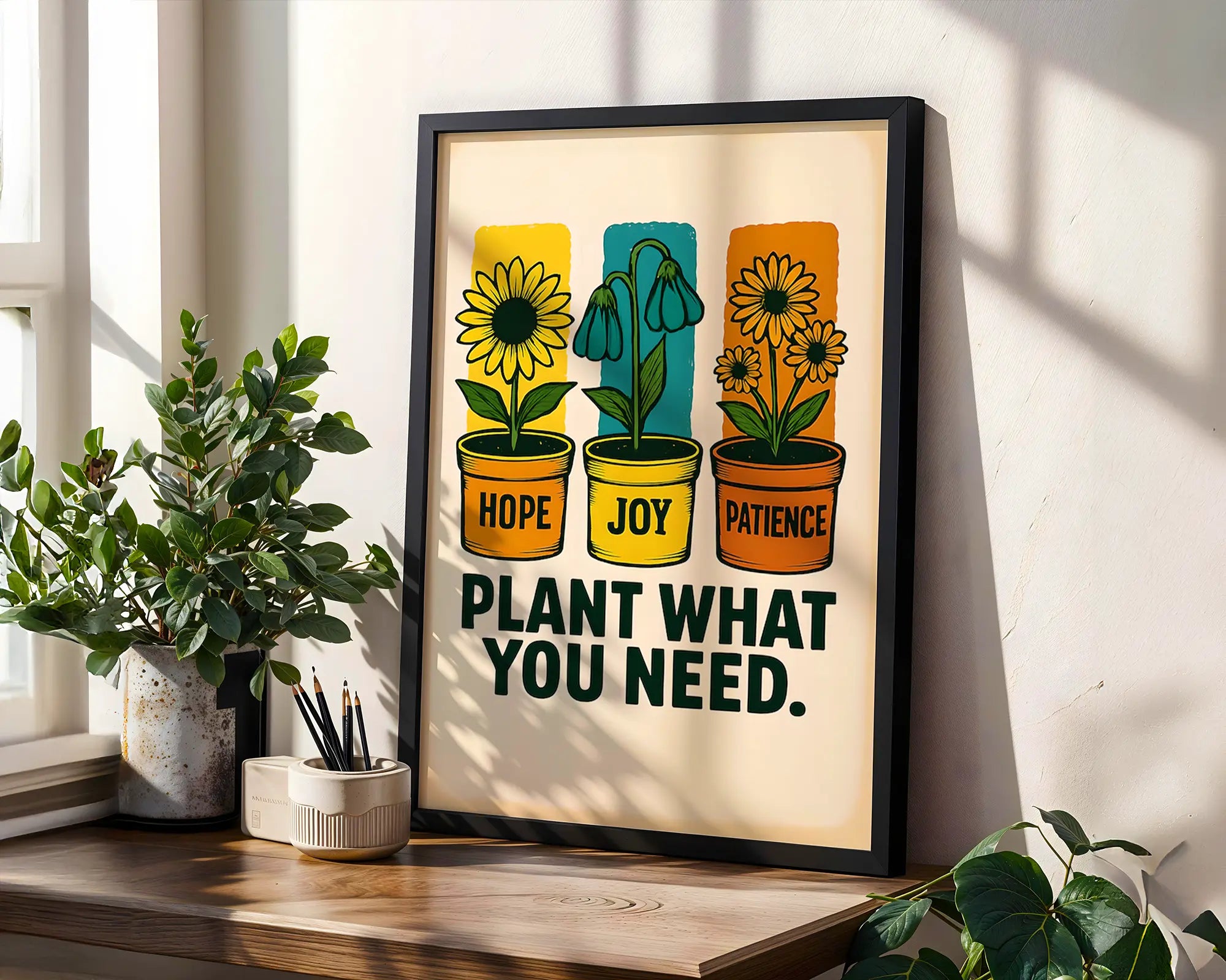 Positive Emotion | Plant What You Need | Hope Joy Patience Flower Pots Print, Positive Botanical Wall Art wall art print, modern home decor, unframed artwork by Nomad & Nest