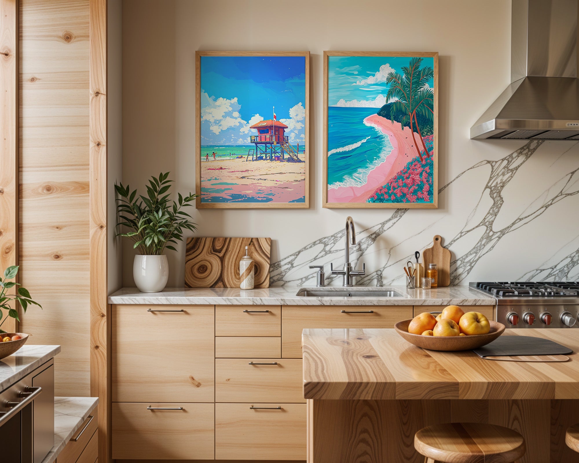 Colourful Prints | Beach Prints Set | Palm Tree & Lifeguard Tower Coastal Art (Set of 2) wall art print, modern home decor, unframed artwork by Nomad & Nest