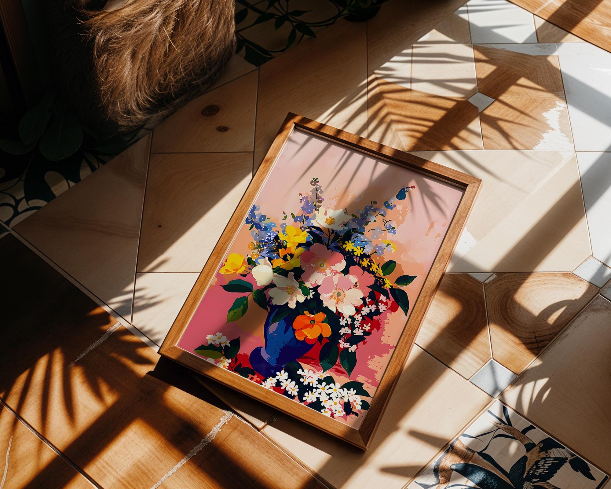 Modern Pop Art | Floral Bouquet Print | Colourful Blue Vase Decor wall art print, modern home decor, unframed artwork by Nomad & Nest