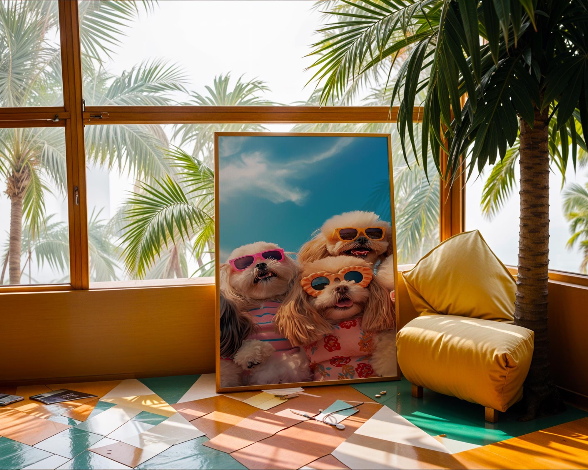 Colourful Prints | Funny Dogs Beach Print | Tropical Pup Art with Sunglasses wall art print, modern home decor, unframed artwork by Nomad & Nest