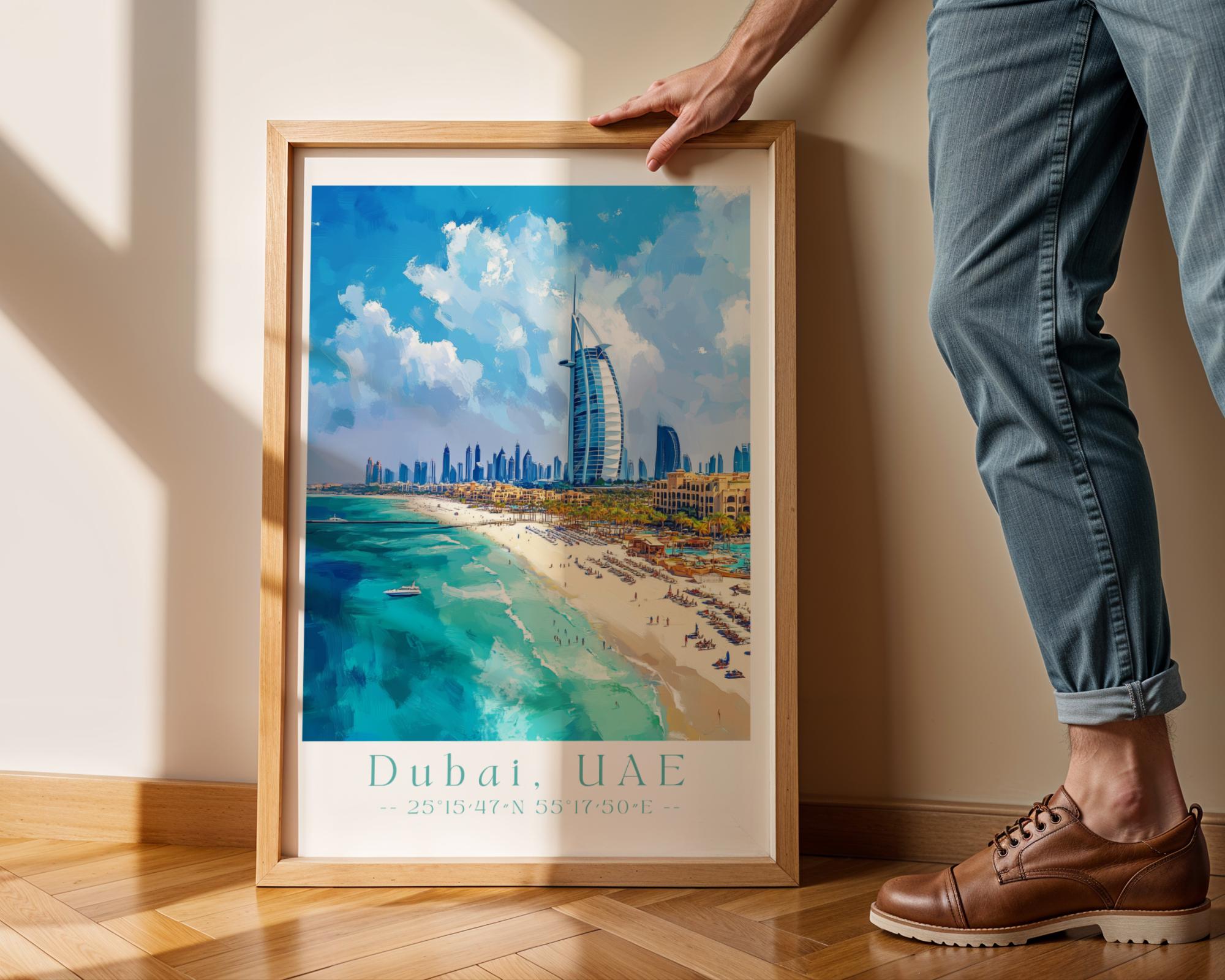 Dubai Skyline Art Print – Burj Al Arab, UAE Travel Poster wall art print, modern home decor, unframed artwork by Nomad & Nest