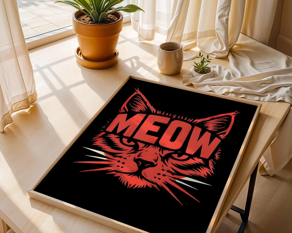Positive Emotion | Meow Cat Poster | Bold Graphic Feline Wall Art | Modern Pop Animal Print wall art print, modern home decor, unframed artwork by Nomad & Nest
