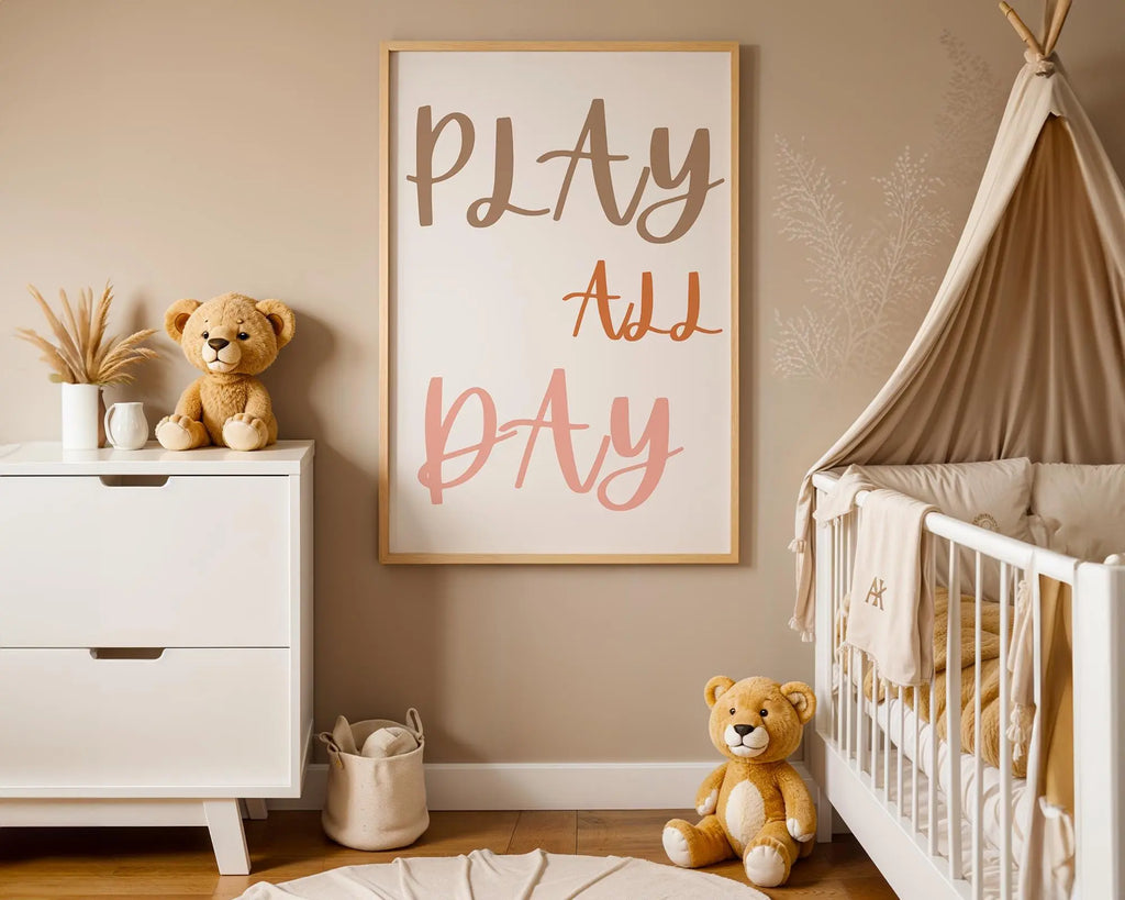 Playroom Ideas | Play All Day Nursery Wall Art | Neutral Typography Kids Print wall art print, modern home decor, unframed artwork by Nomad & Nest