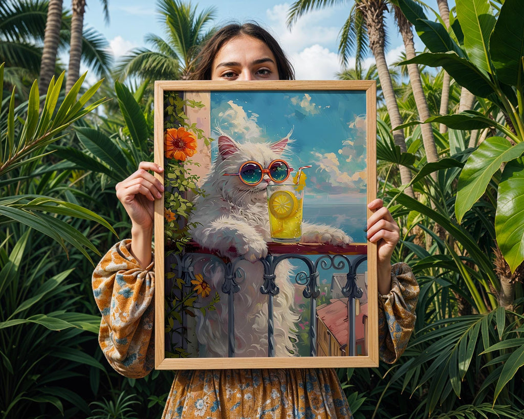 Colourful Prints | Funny Cat Print | Summer Balcony, Lemonade, Sunglasses wall art print, modern home decor, unframed artwork by Nomad & Nest