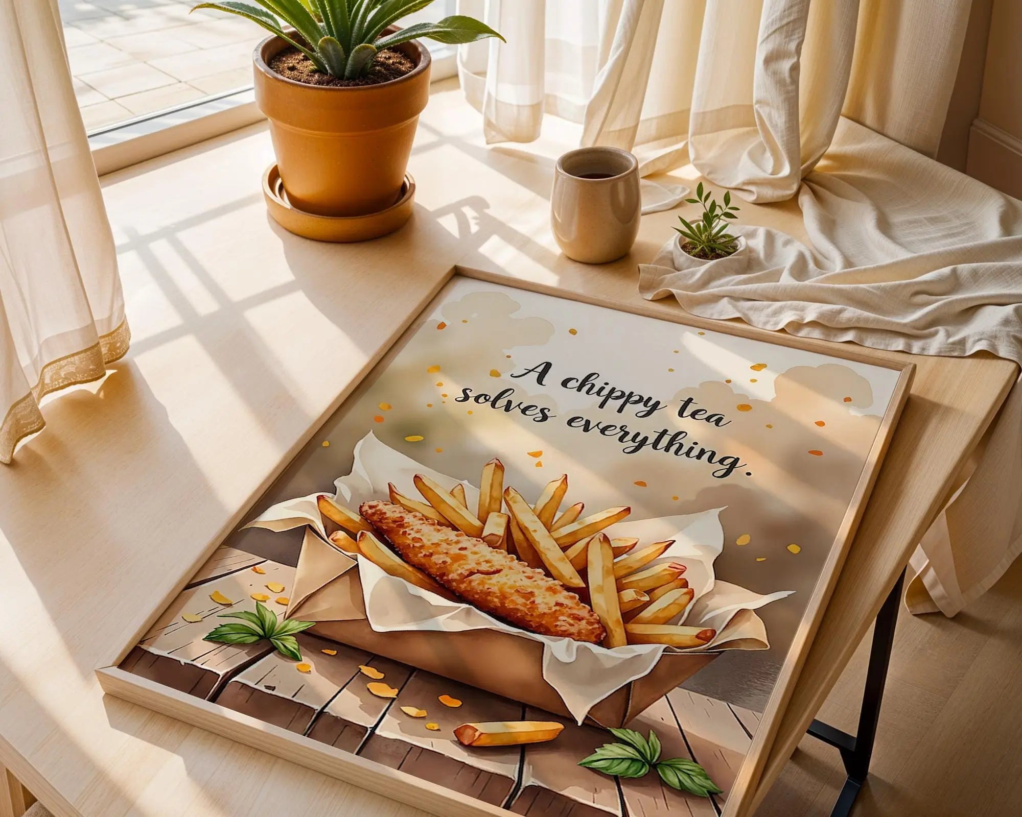 Positive Emotion | A Chippy Tea Solves Everything | Food Quote Art | British Comfort Wall Print wall art print, modern home decor, unframed artwork by Nomad & Nest
