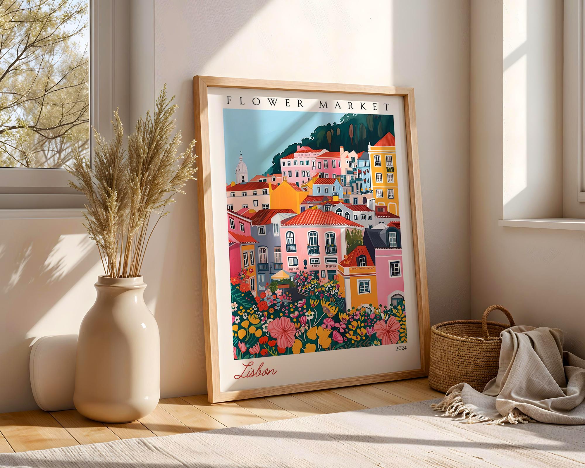 Lisbon Flower Market Art Print | Colorful Portugal Travel Poster wall art print, modern home decor, unframed artwork by Nomad & Nest