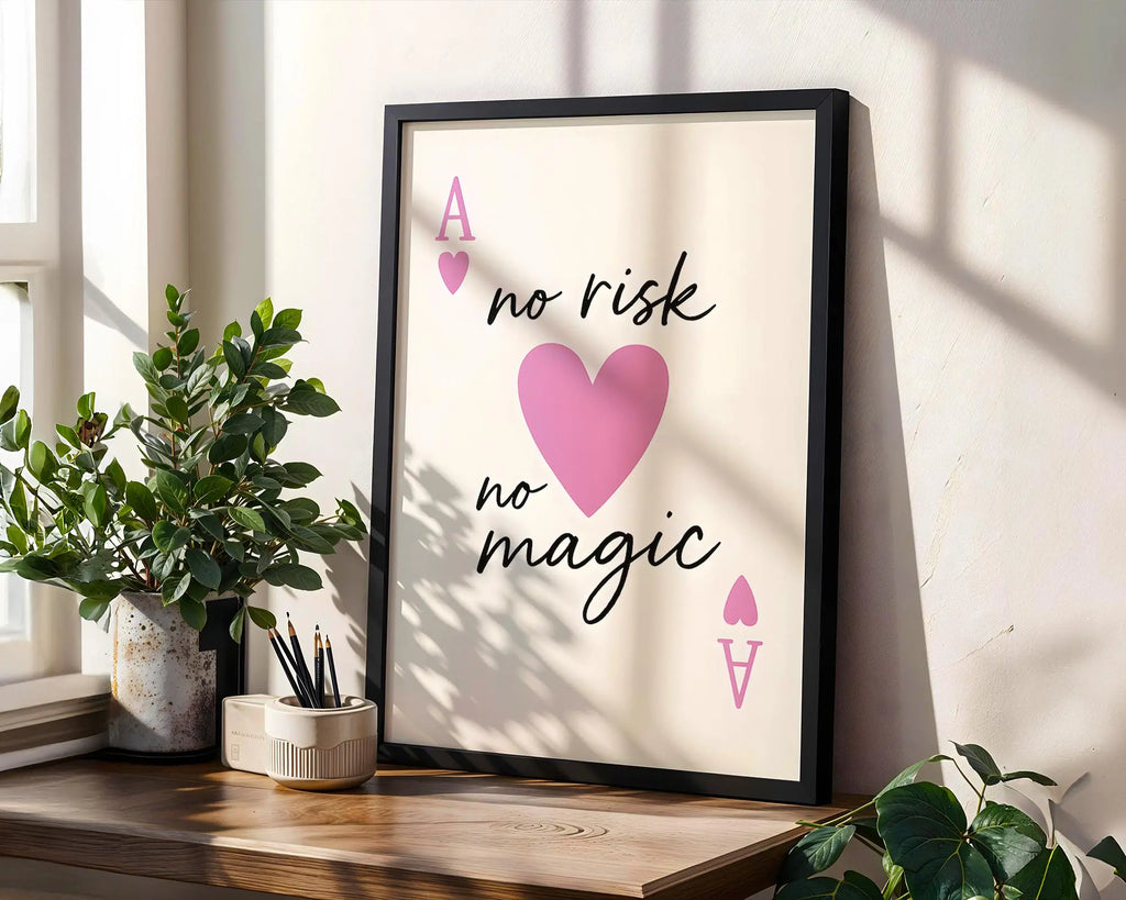Motivational Quote Print – No Risk No Magic, Pink Heart Art wall art print, modern home decor, unframed artwork by Nomad & Nest