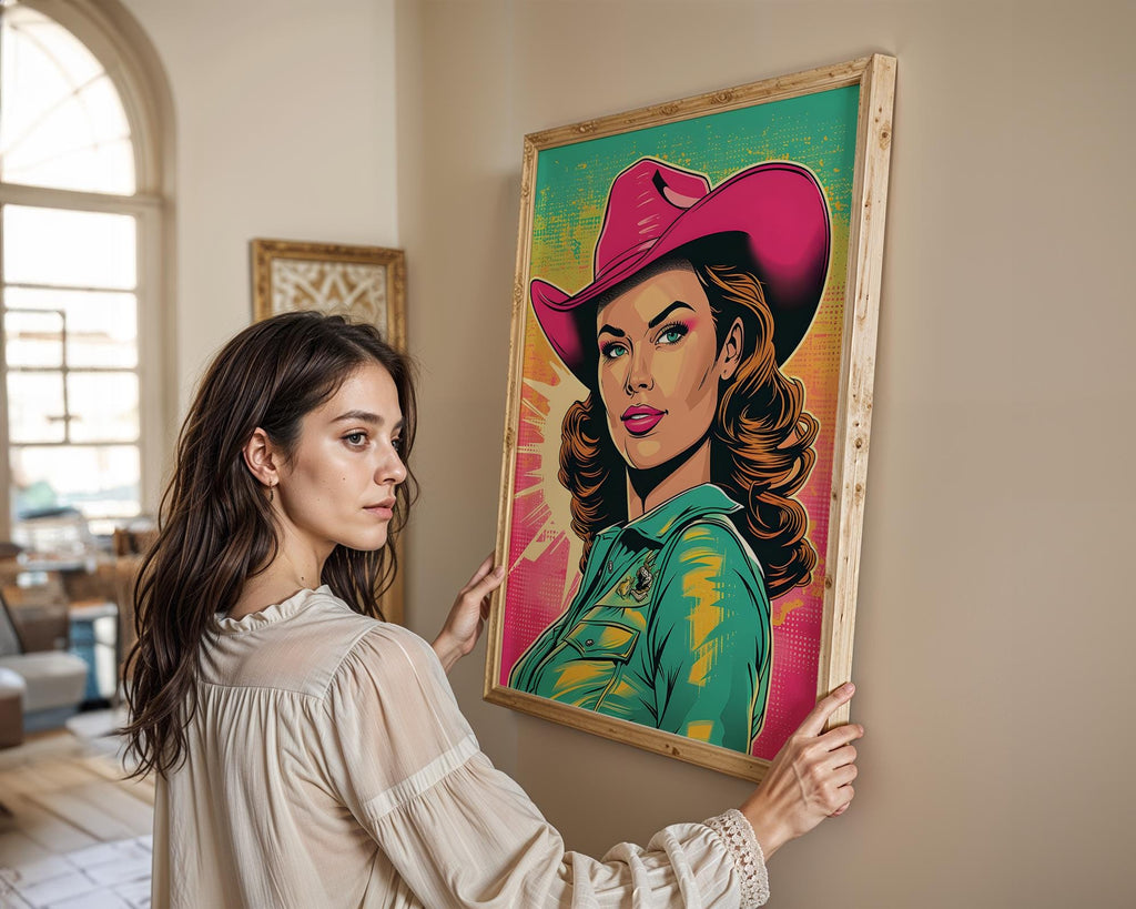 Modern Pop Art | Retro Cowgirl  Print | Vibrant Western Woman Portrait wall art print, modern home decor, unframed artwork by Nomad & Nest