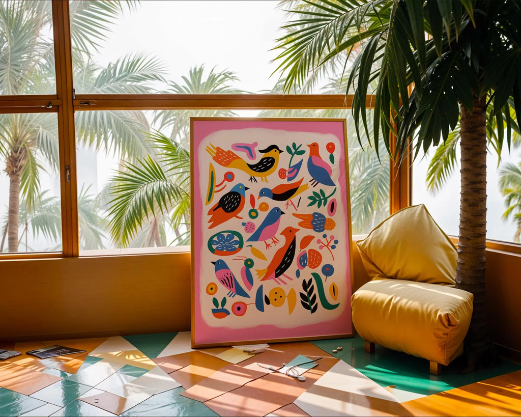 Colorful Birds Art Print | Modern Scandinavian Folk Poster wall art print, modern home decor, unframed artwork by Nomad & Nest