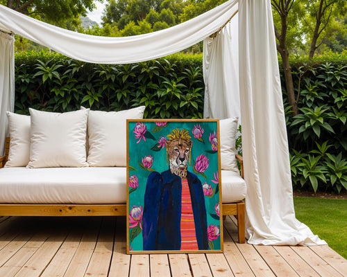 Cheetah Portrait Art Print | Maximalist Animal, Tropical Flowers wall art print, modern home decor, unframed artwork by Nomad & Nest