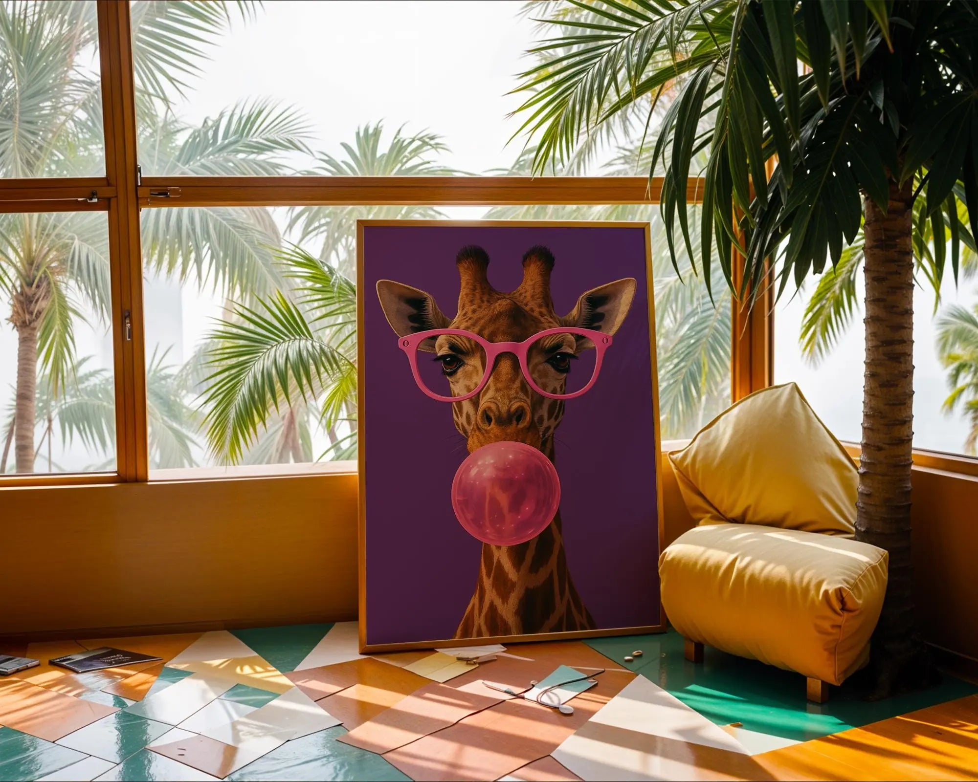Colourful Prints | Giraffe Bubblegum Print | Funky Animal Art with Pink Glasses wall art print, modern home decor, unframed artwork by Nomad & Nest