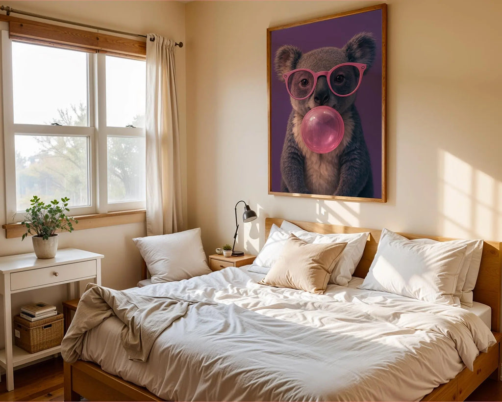 Colourful Prints | Koala Bubblegum Print | Funky Animal Art with Pink Glasses wall art print, modern home decor, unframed artwork by Nomad & Nest