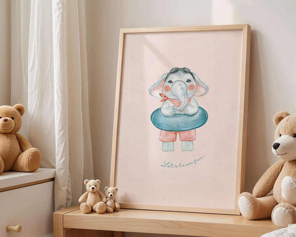 Playroom Ideas | Elephant Swim Ring Nursery Art | Playful Baby Wall Print wall art print, modern home decor, unframed artwork by Nomad & Nest