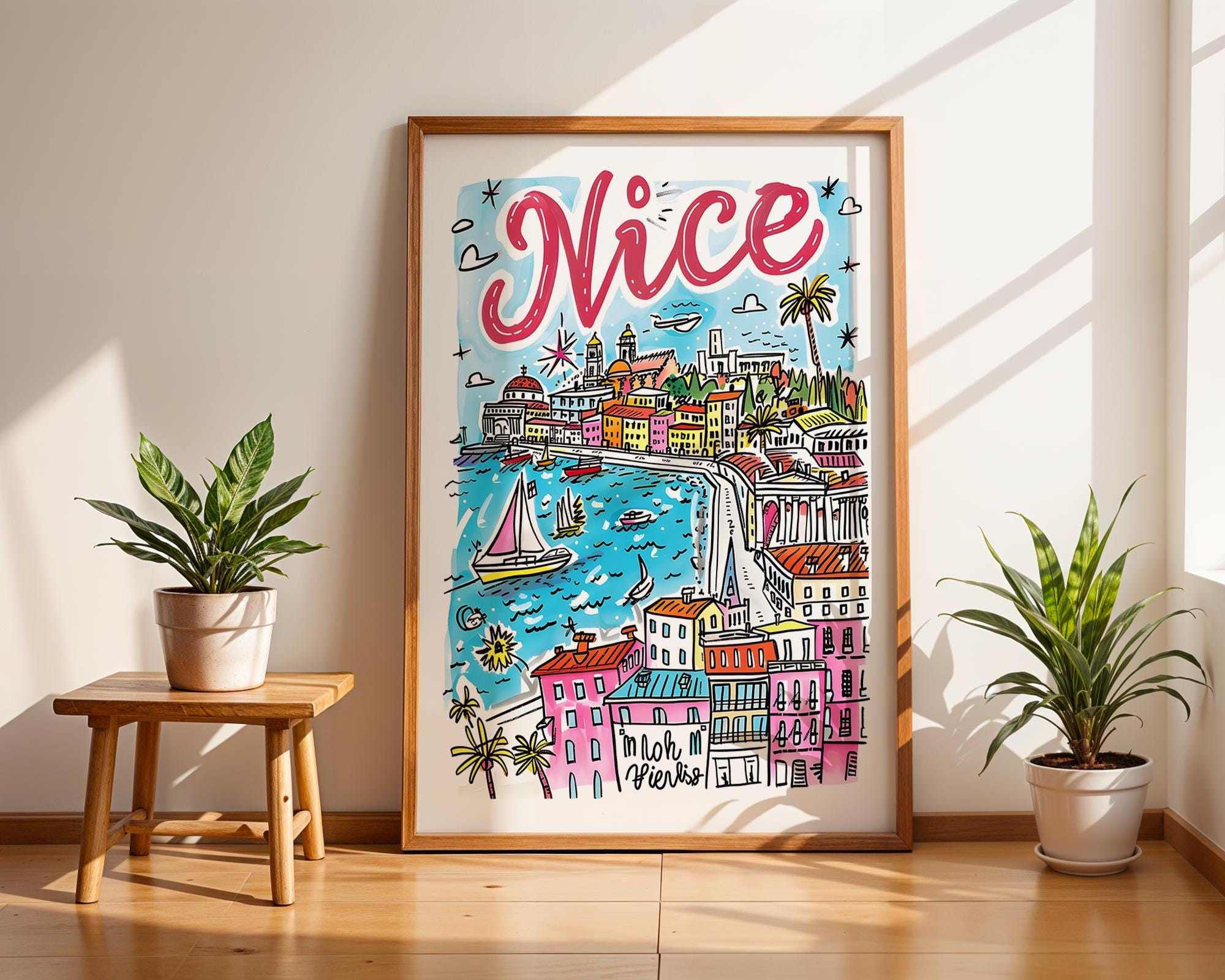Nice France Poster | Colorful Hand-Drawn Travel Print wall art print, modern home decor, unframed artwork by Nomad & Nest