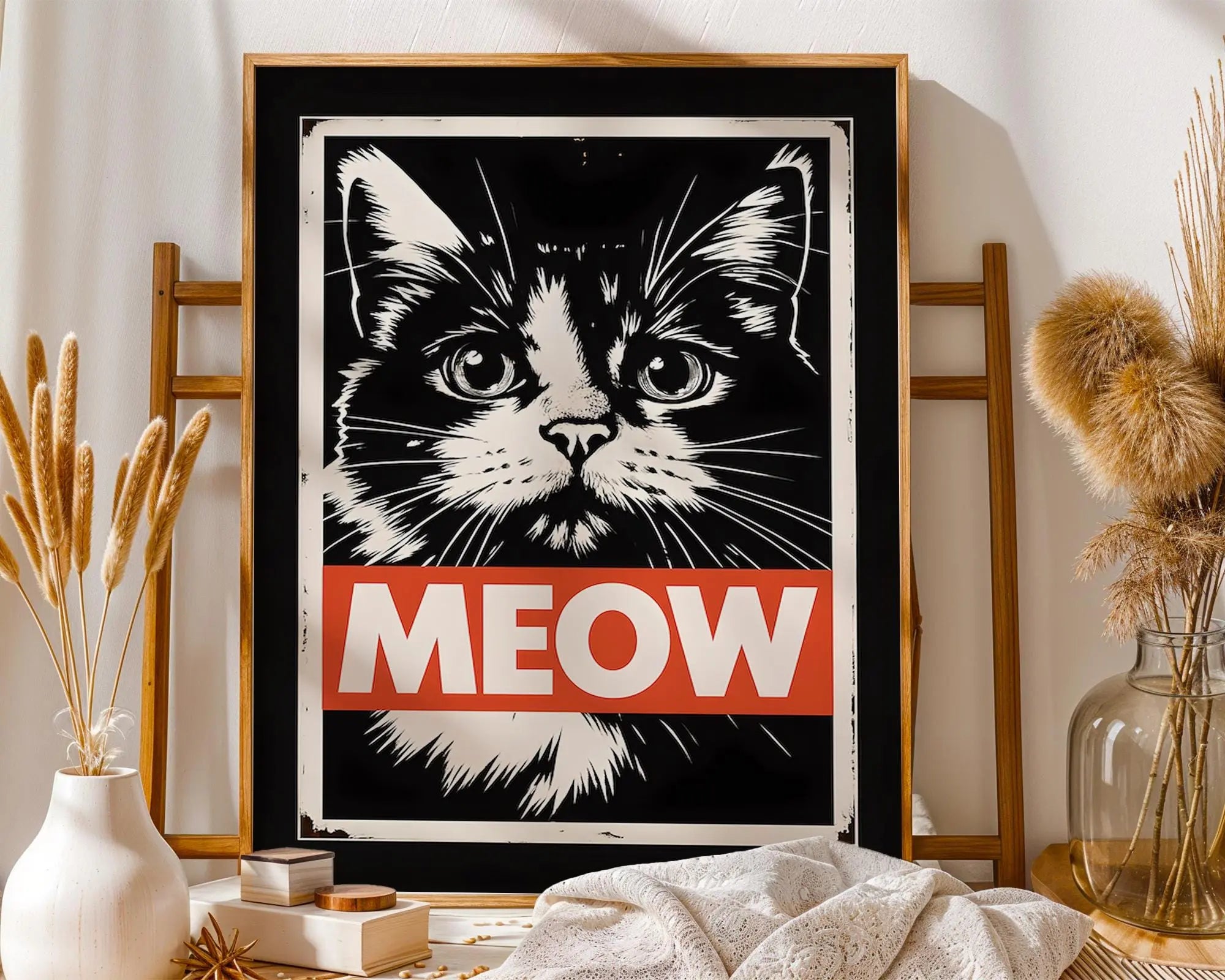 Meow Cat Art Print | Vintage Feline Poster, Black and White wall art print, modern home decor, unframed artwork by Nomad & Nest