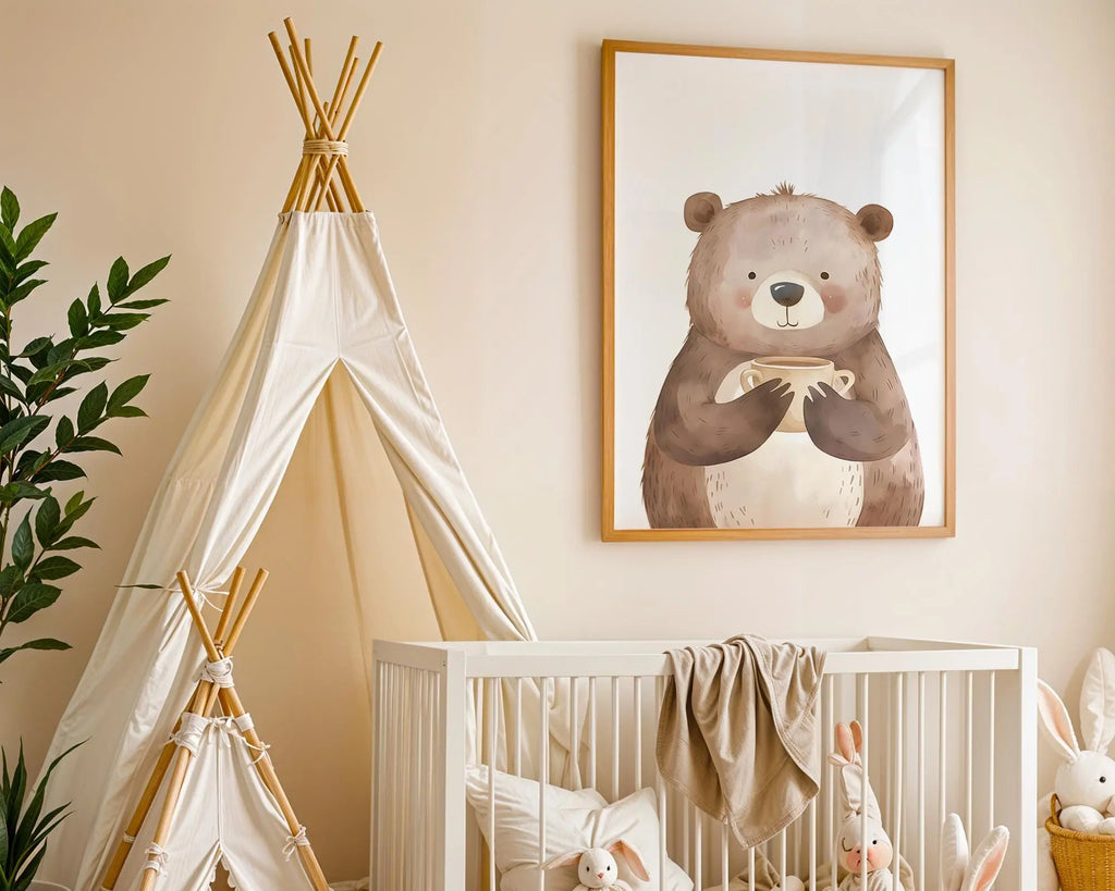 Playroom Ideas | Bear With Cup Nursery Wall Art | Cozy Woodland Baby Print wall art print, modern home decor, unframed artwork by Nomad & Nest