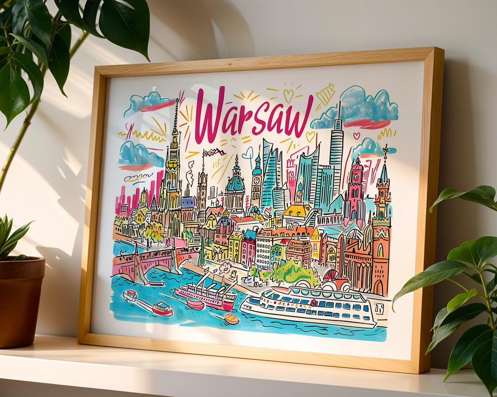Warsaw Poland Travel Poster | Colorful Cityscape Art Print wall art print, modern home decor, unframed artwork by Nomad & Nest