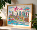 Warsaw Poland Travel Poster | Colorful Cityscape Art Print wall art print, modern home decor, unframed artwork by Nomad & Nest