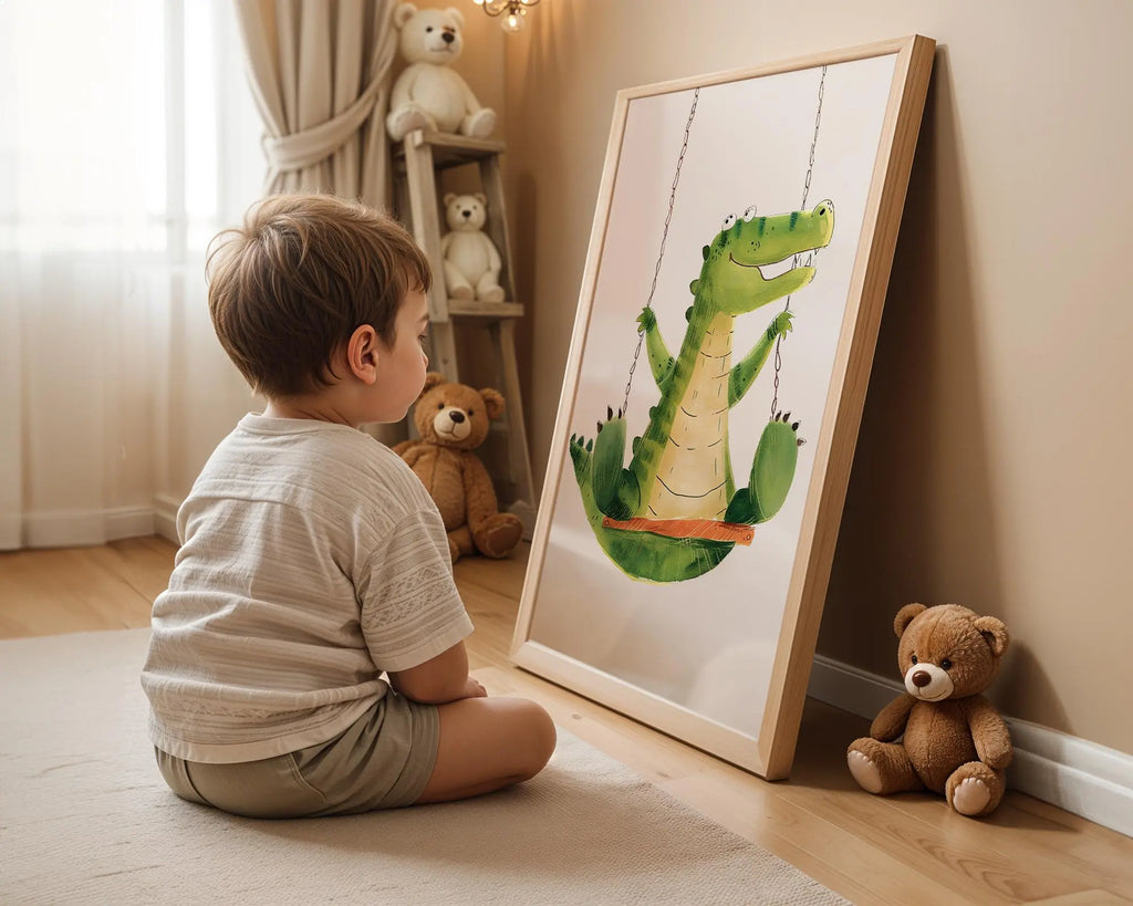 Playroom Ideas | Crocodile Swing Nursery Wall Art | Jungle Animal Baby Print wall art print, modern home decor, unframed artwork by Nomad & Nest